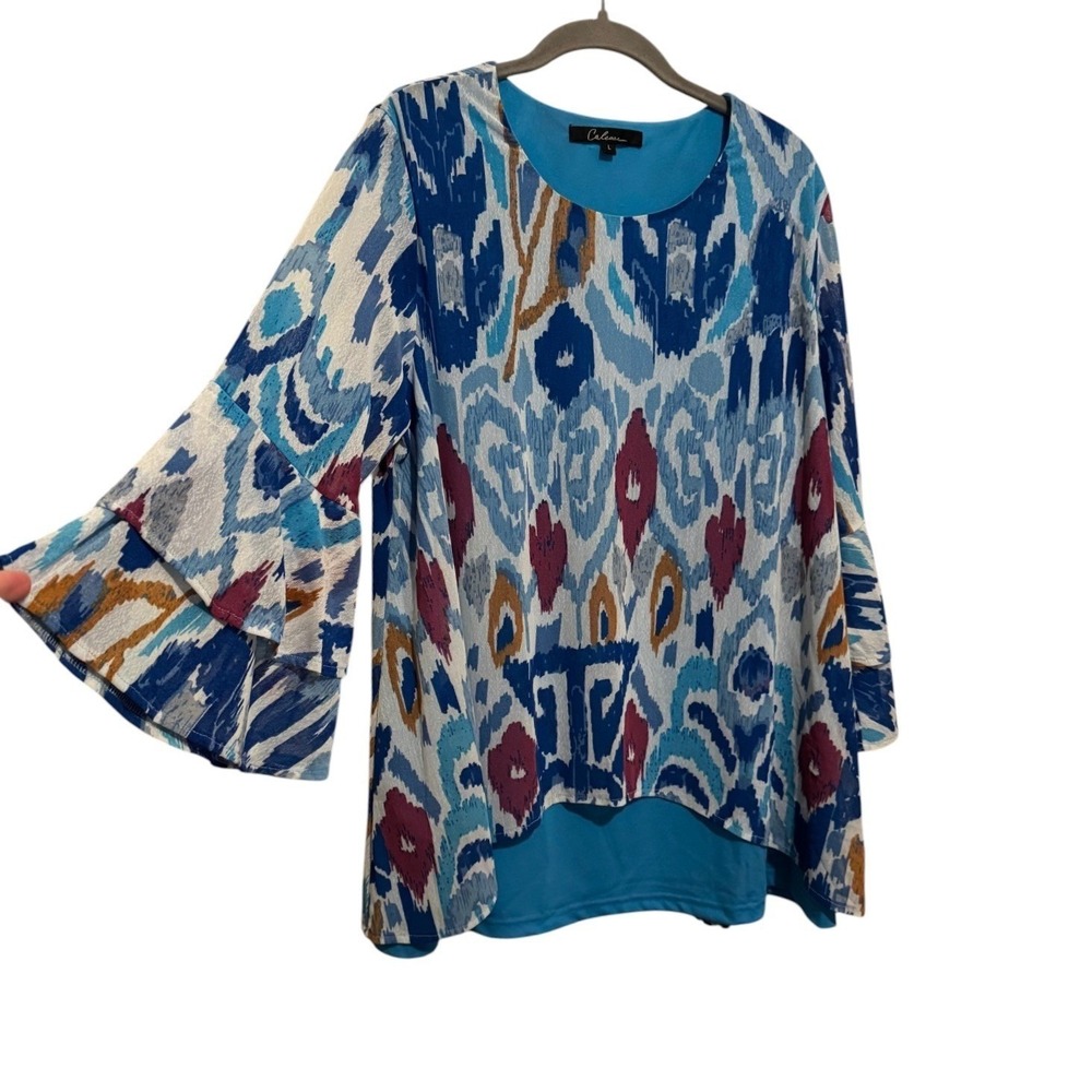 Calessa Ikat Print Blouse Women Large Blue Tiered Bell Sleeve Boho Tunic Top